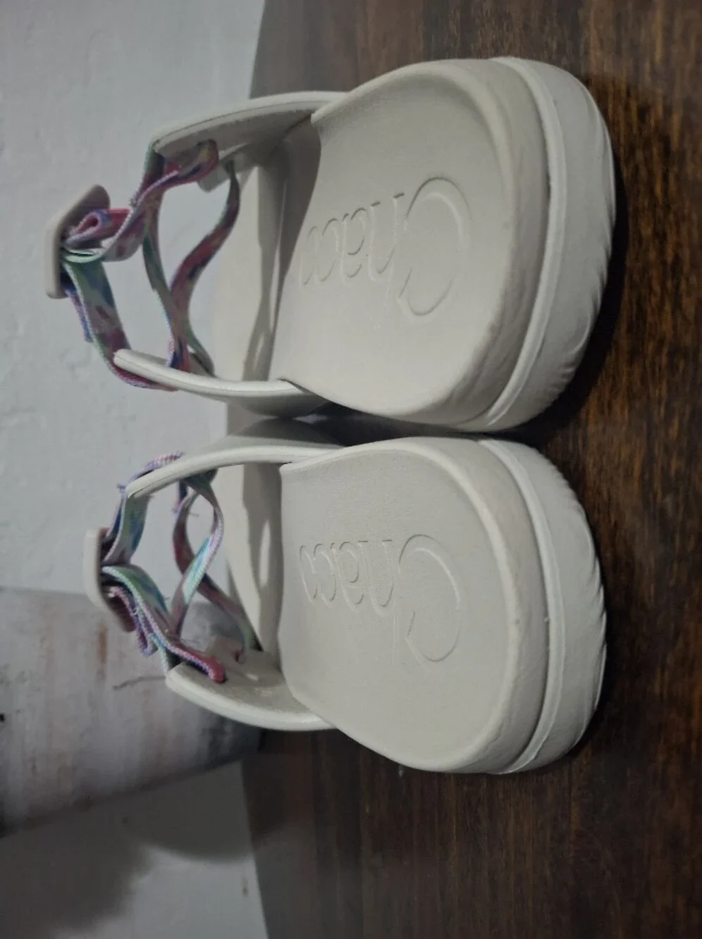 Chaco Beige Slide Sandals with Multicolor Tie-Dye Straps Size 6.